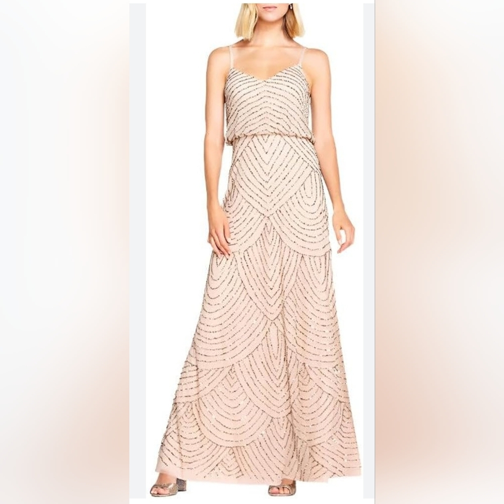 Adrianna Papell Art Deco Beaded Blouson Maxi Long Gown Dress Pink Taupe Womens 4